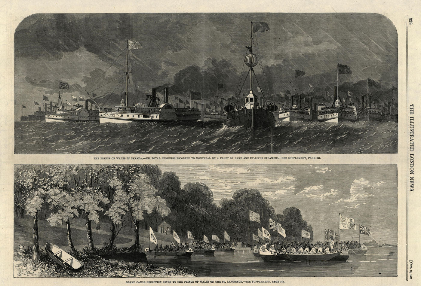 Royal Canada visit. Steamer escort Montreal. Canoes St Lawrence. Quebec 1860